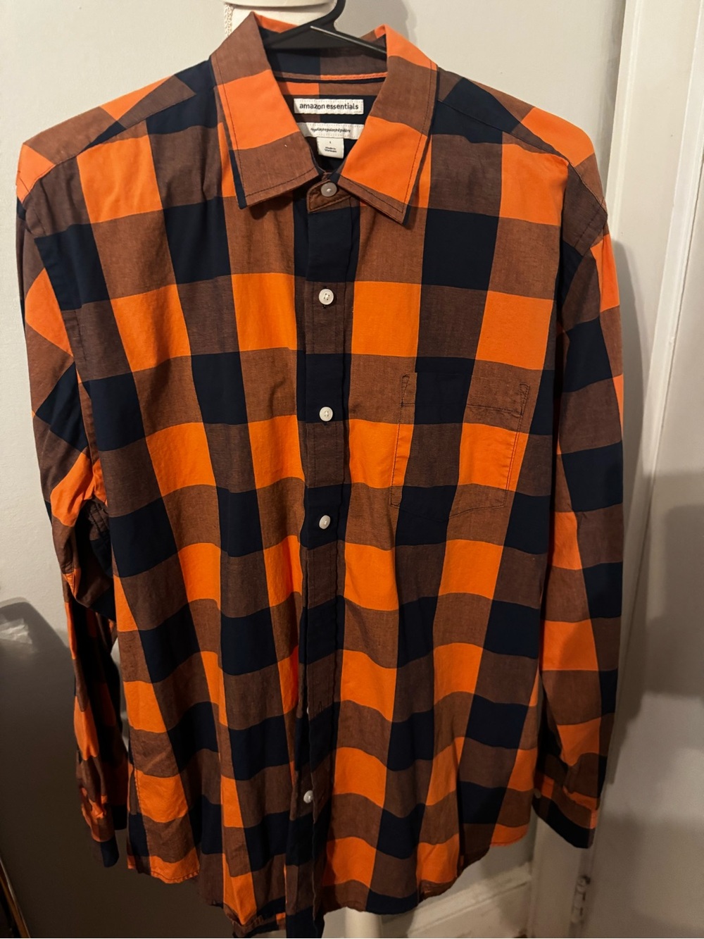 Amazon Essentials Orange and Black Plaid Button-Down Shirt